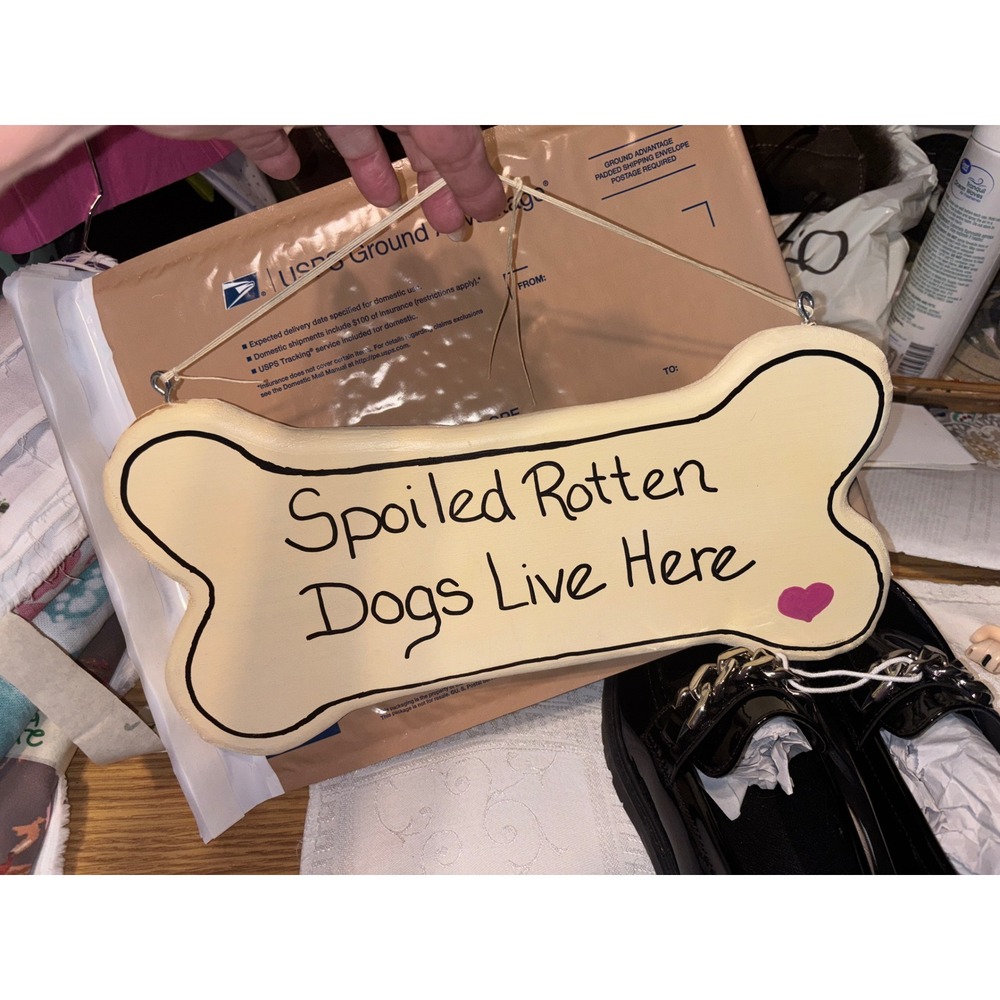 Spoiled Rotten Dogs Live Here Wooden Bone Hanging Wall Sign Cream 13 inch